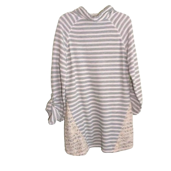 French Laundry Gray White Stripe Terry Longline Drawstring Neck Longsleeve top M - Picture 4 of 16